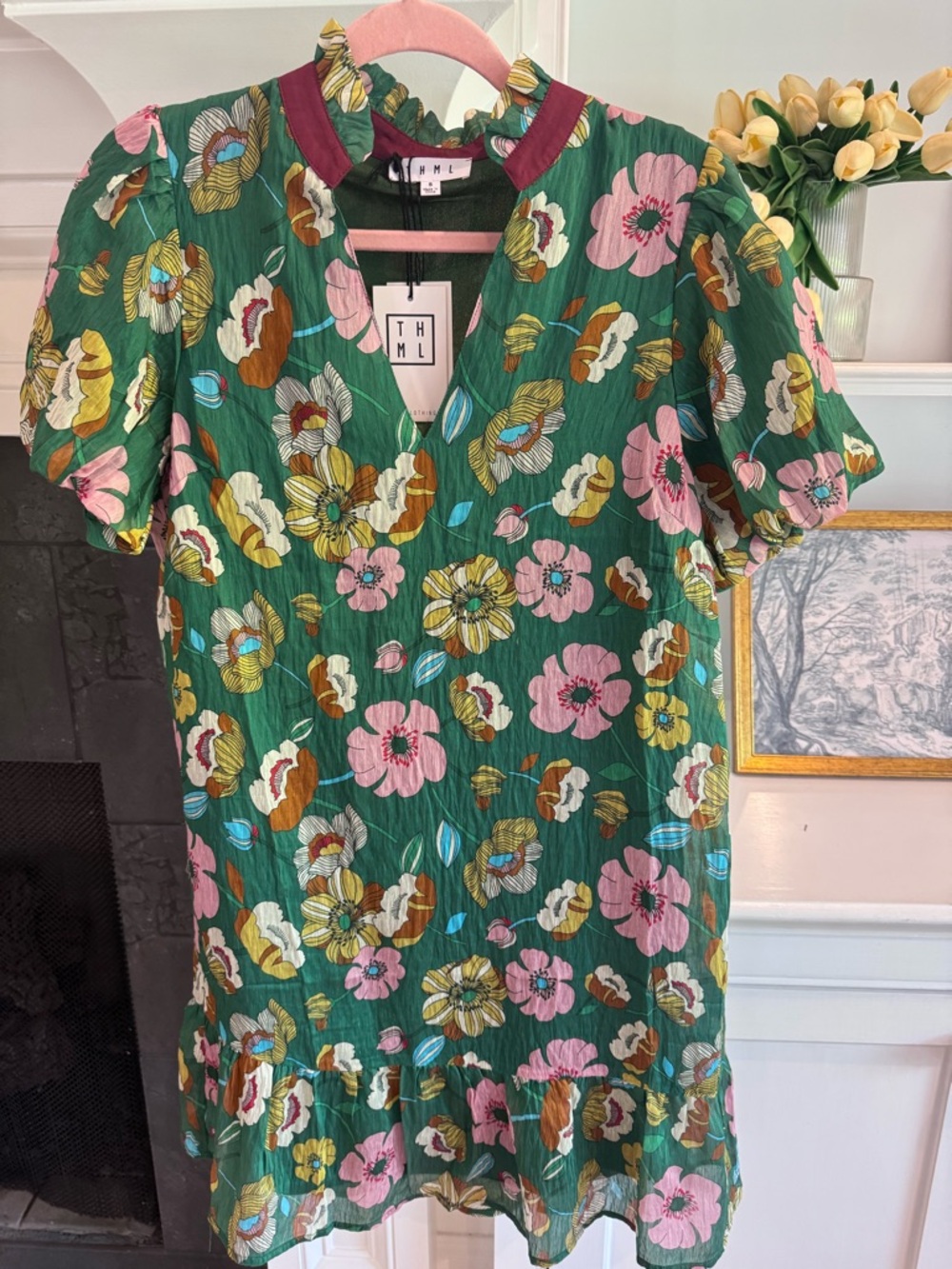 NWT THML Green Floral Puff Sleeve Mini Dress with Pink & Yellow Blooms